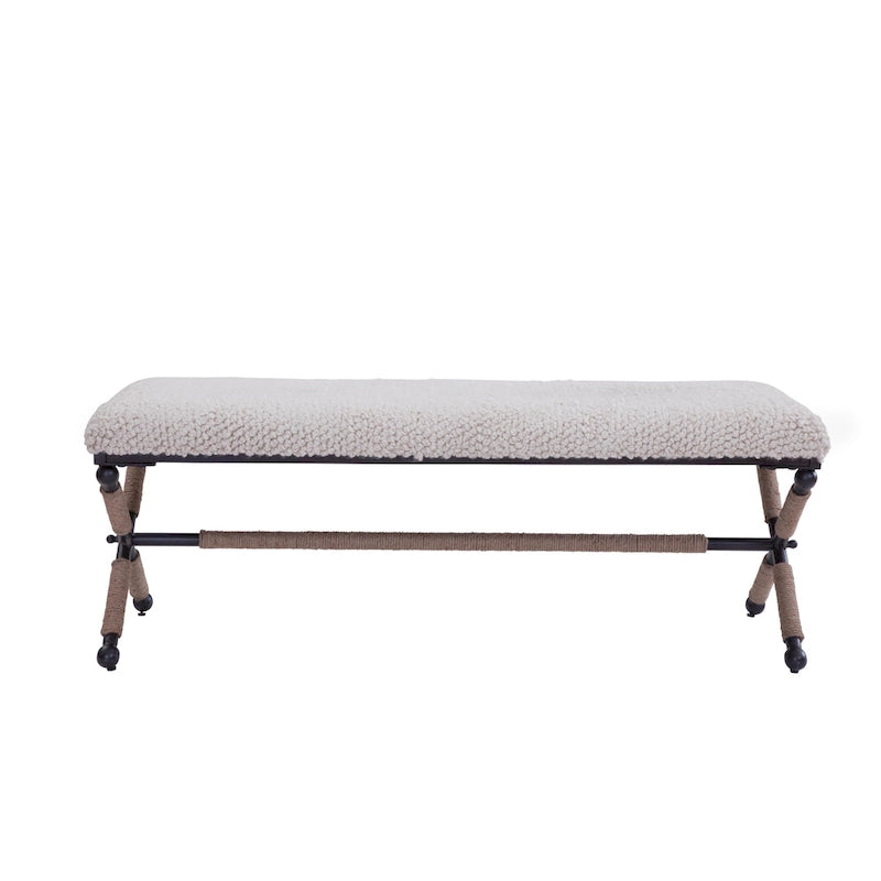 Banc double rembourré de 122 cm avec assise en tissu bouclé et base en métal
