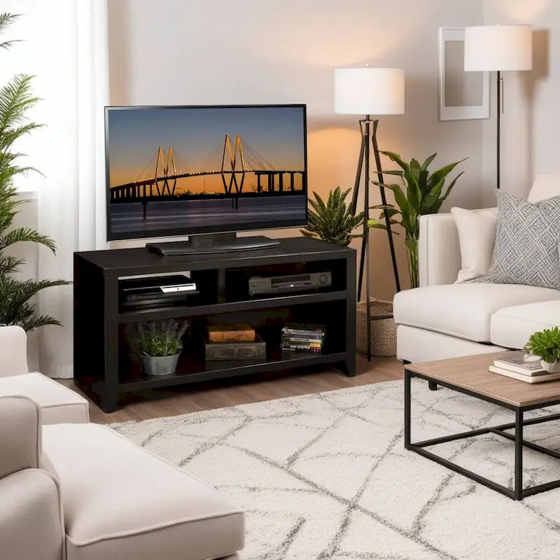 Meuble TV 122 cm pour téléviseurs jusqu'à 55 pouces, finition moka, aucun assemblage requis