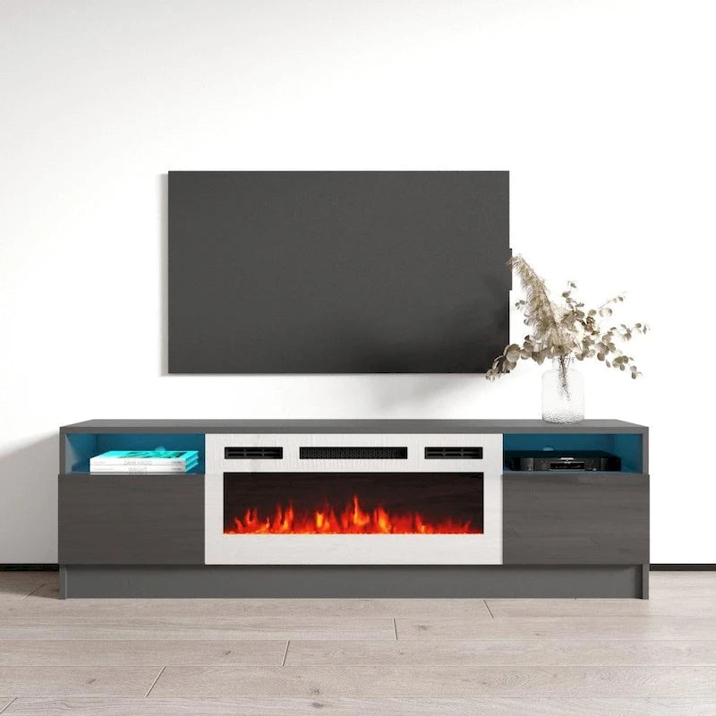 Meuble TV avec cheminée électrique et lumières LED, compatible avec les téléviseurs jusqu'à 70 pouces