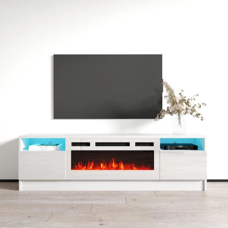 Meuble TV avec cheminée électrique et lumières LED, compatible avec les téléviseurs jusqu'à 70 pouces