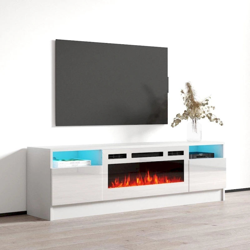 Meuble TV avec cheminée électrique et lumières LED, compatible avec les téléviseurs jusqu'à 70 pouces