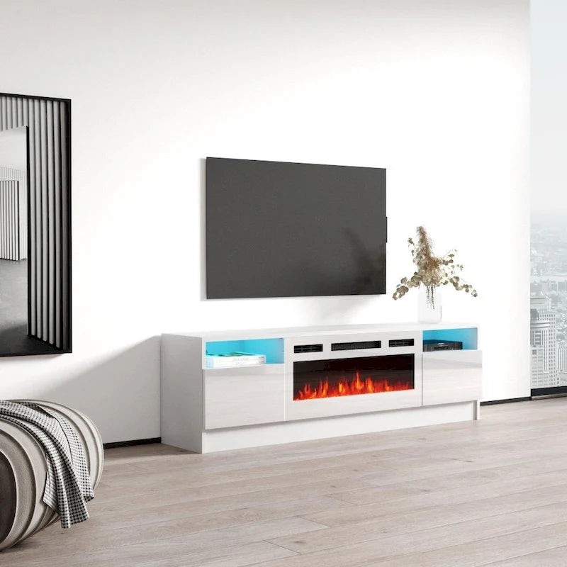 Meuble TV avec cheminée électrique et lumières LED, compatible avec les téléviseurs jusqu'à 70 pouces