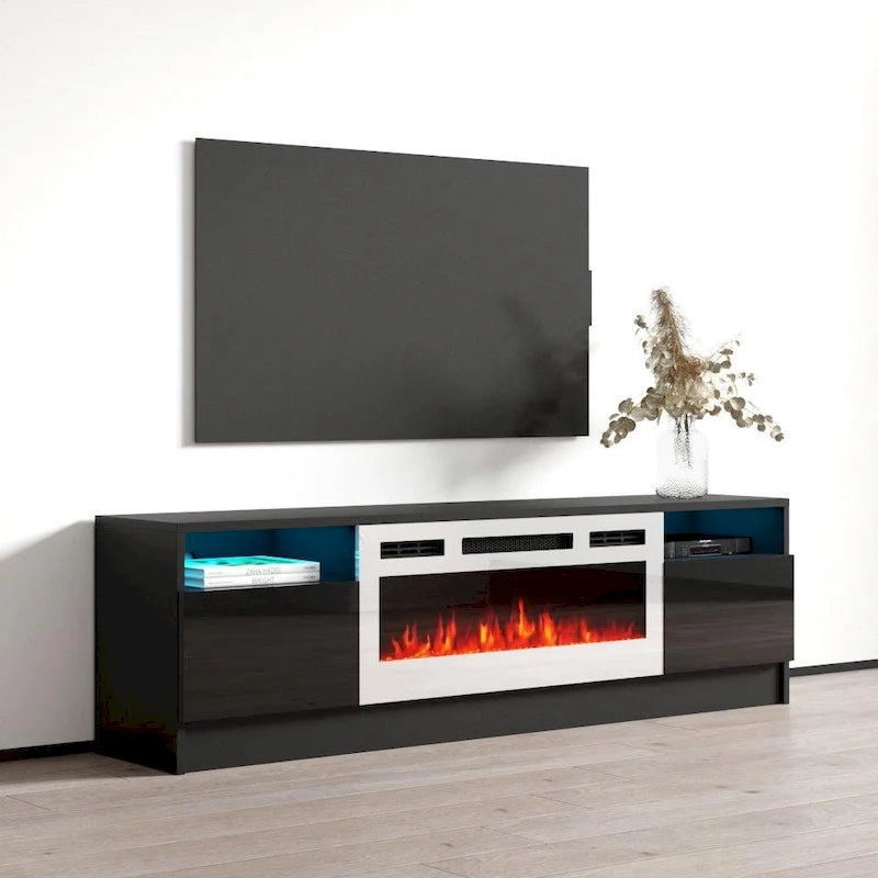 Meuble TV avec cheminée électrique et lumières LED, compatible avec les téléviseurs jusqu'à 70 pouces
