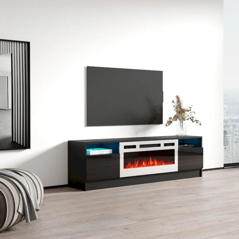 Meuble TV avec cheminée électrique et lumières LED, compatible avec les téléviseurs jusqu'à 70 pouces