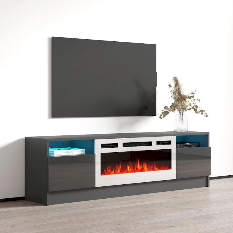 Meuble TV avec cheminée électrique et lumières LED, compatible avec les téléviseurs jusqu'à 70 pouces