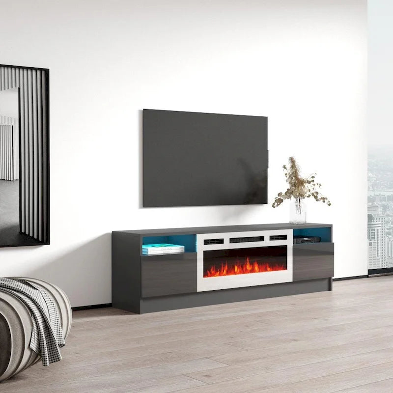 Meuble TV avec cheminée électrique et lumières LED, compatible avec les téléviseurs jusqu'à 70 pouces