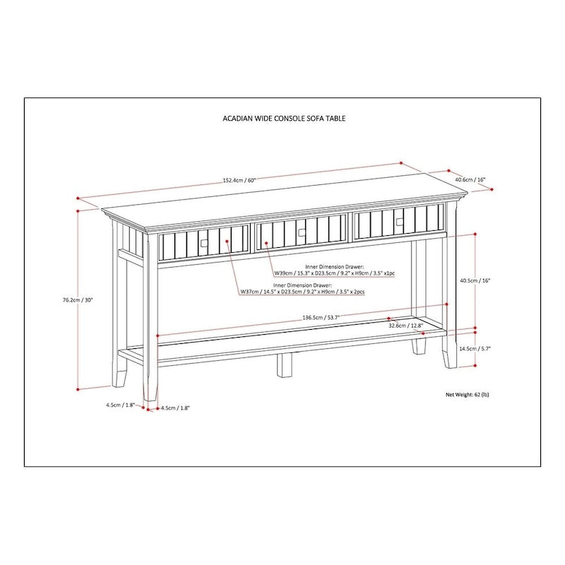 Console-table de canapé en bois massif, 60 po de largeur, Normandy - 60 x 16 x 30