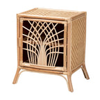 Table de chevet en rotin marron naturel avec porte et étagères