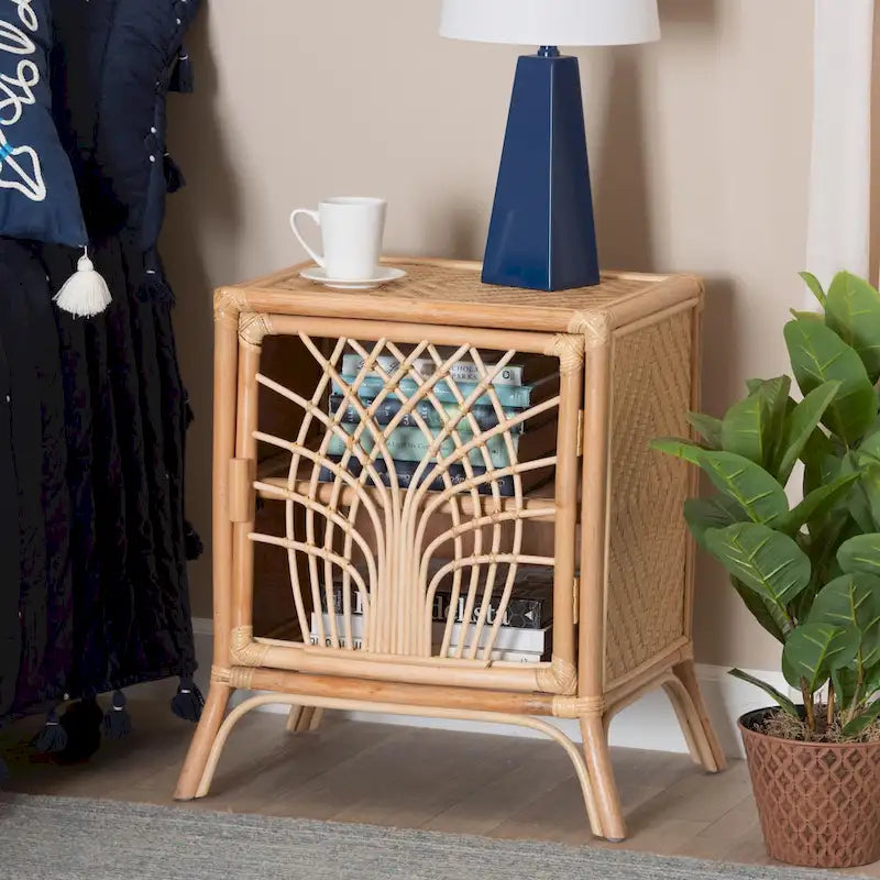 Table de chevet en rotin marron naturel avec porte et étagères
