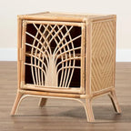 Table de chevet en rotin marron naturel avec porte et étagères