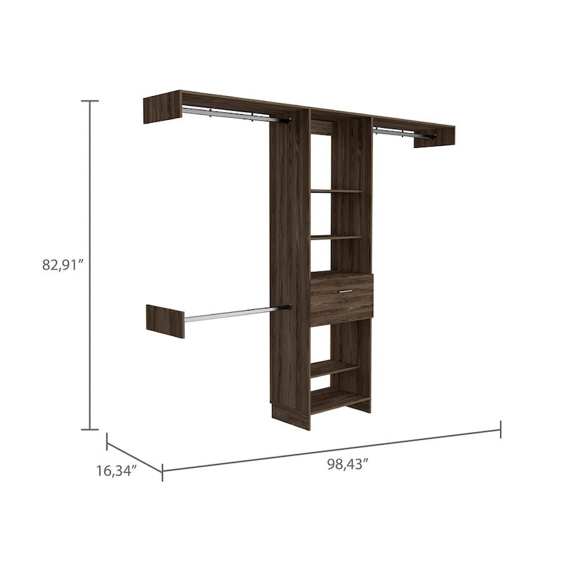 Système de rangement de placard Cross avec tiroir, 3 tringles en métal et 5 étagères ouvertes