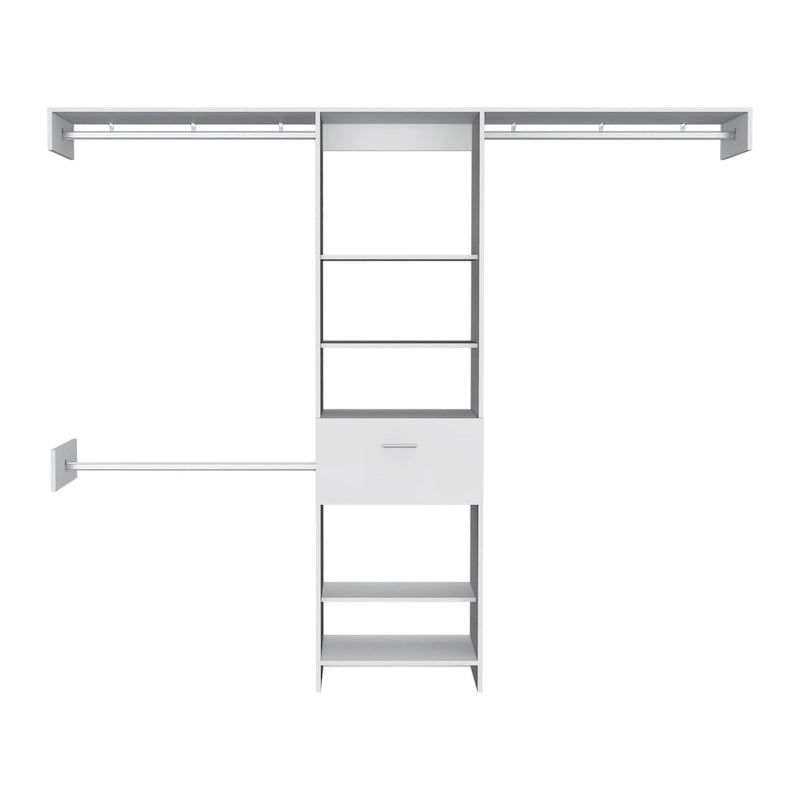 Système de rangement de placard Cross avec tiroir, 3 tringles en métal et 5 étagères ouvertes