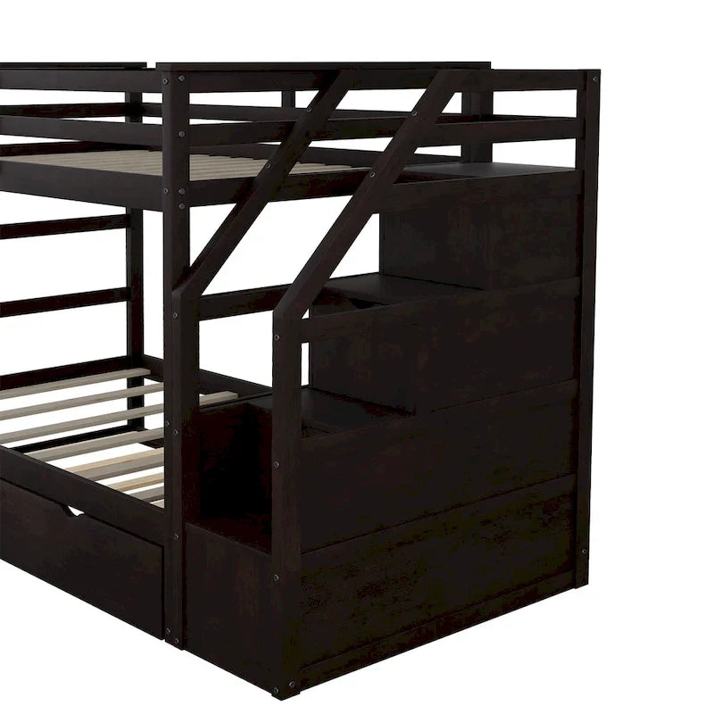 Lit superposé jumeau sur jumeau avec lit gigogne double et 3 escaliers de rangement