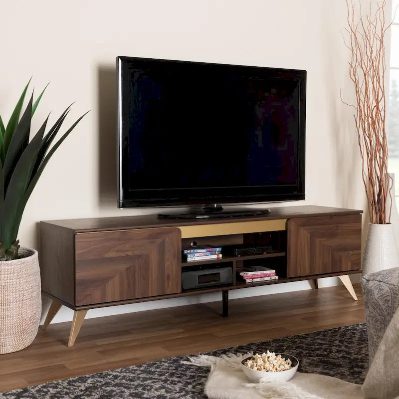 Meuble TV 2 portes style Mid-Century Modern, noyer brun