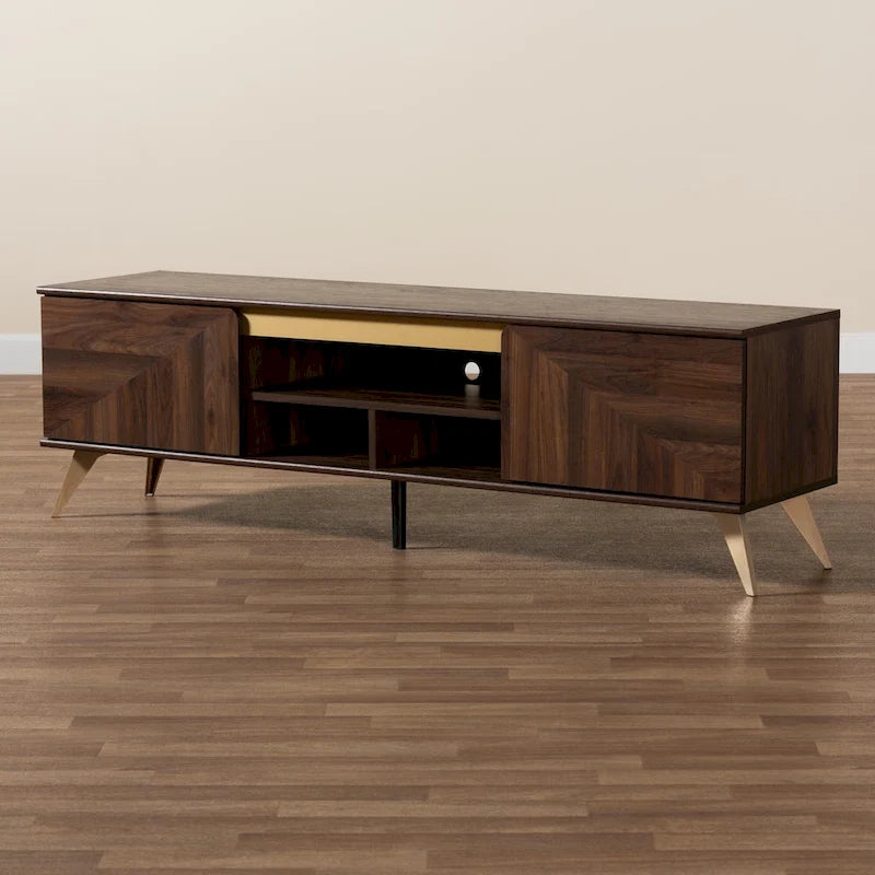 Meuble TV 2 portes style Mid-Century Modern, noyer brun