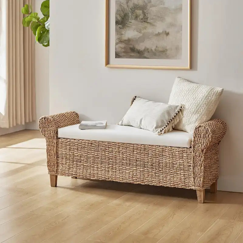 Banc de rangement tissé bohème de style fermier avec motifs sculptés ajourés