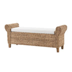 Banc de rangement tissé bohème de style fermier avec motifs sculptés ajourés