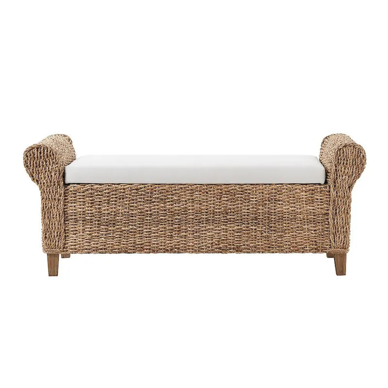 Banc de rangement tissé bohème de style fermier avec motifs sculptés ajourés