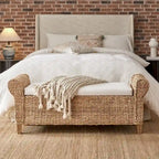 Banc de rangement tissé bohème de style fermier avec motifs sculptés ajourés
