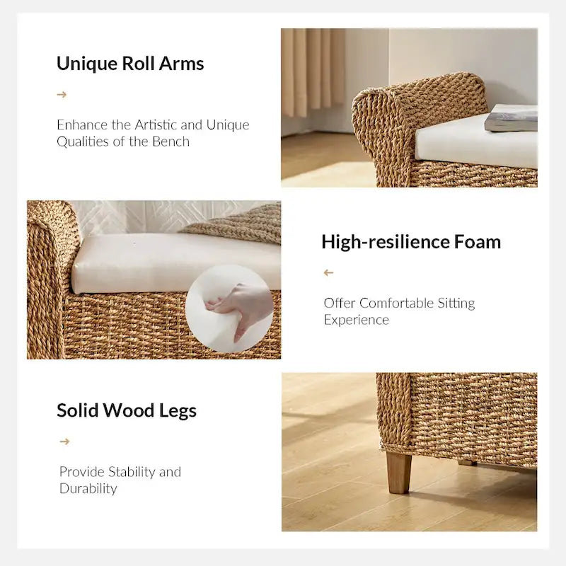 Banc de rangement tissé bohème de style fermier avec motifs sculptés ajourés