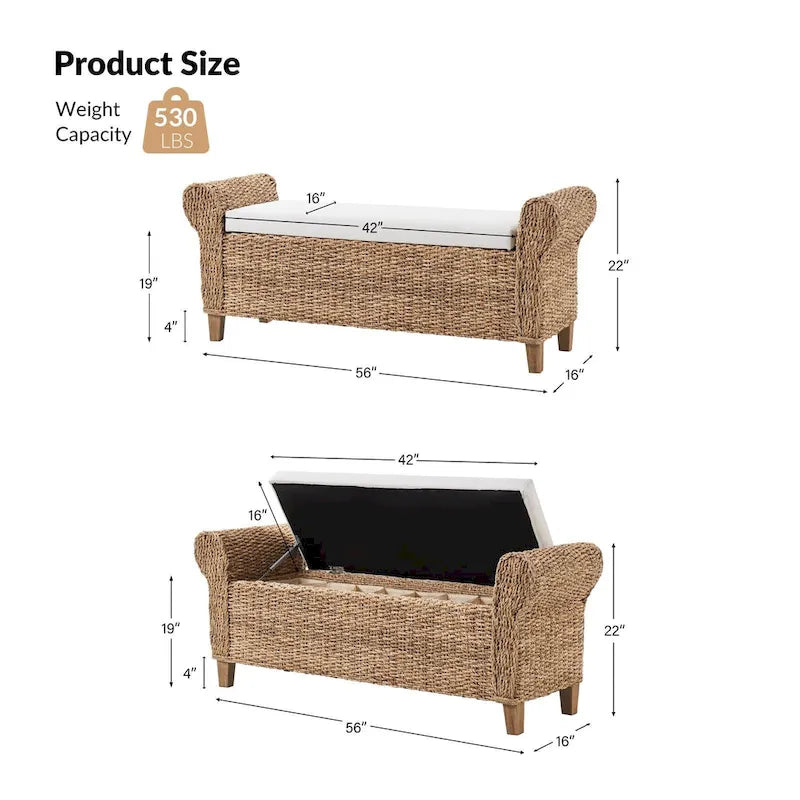 Banc de rangement tissé bohème de style fermier avec motifs sculptés ajourés