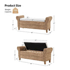 Banc de rangement tissé bohème de style fermier avec motifs sculptés ajourés