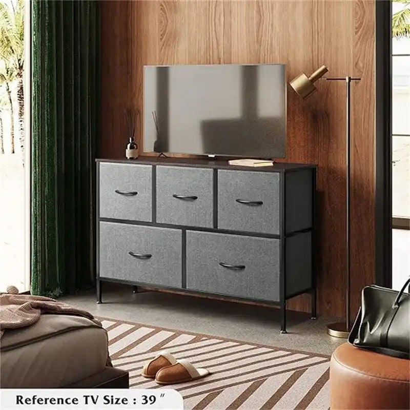 Commode à 5 tiroirs avec cadre en acier et bacs en tissu