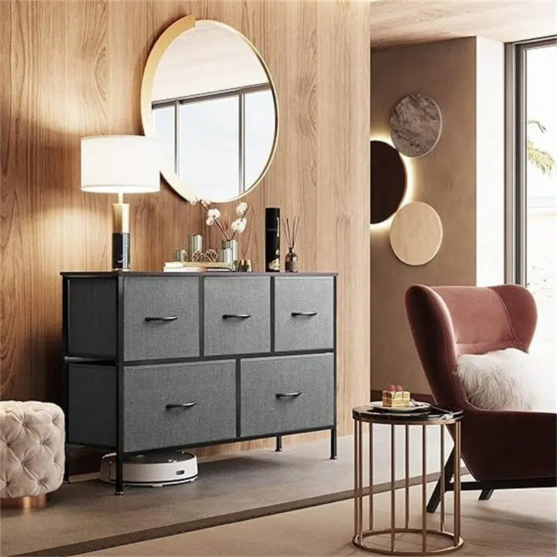 Commode à 5 tiroirs avec cadre en acier et bacs en tissu
