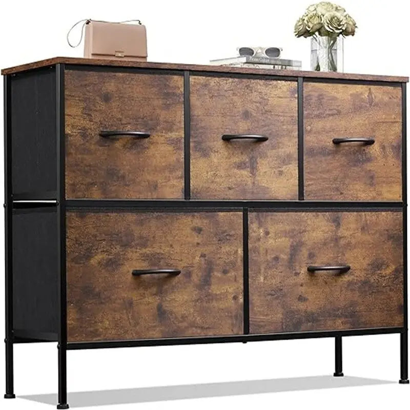 Commode à 5 tiroirs avec cadre en acier et bacs en tissu