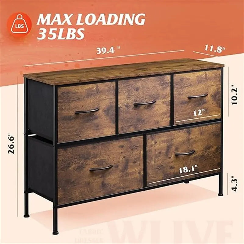 Commode à 5 tiroirs avec cadre en acier et bacs en tissu