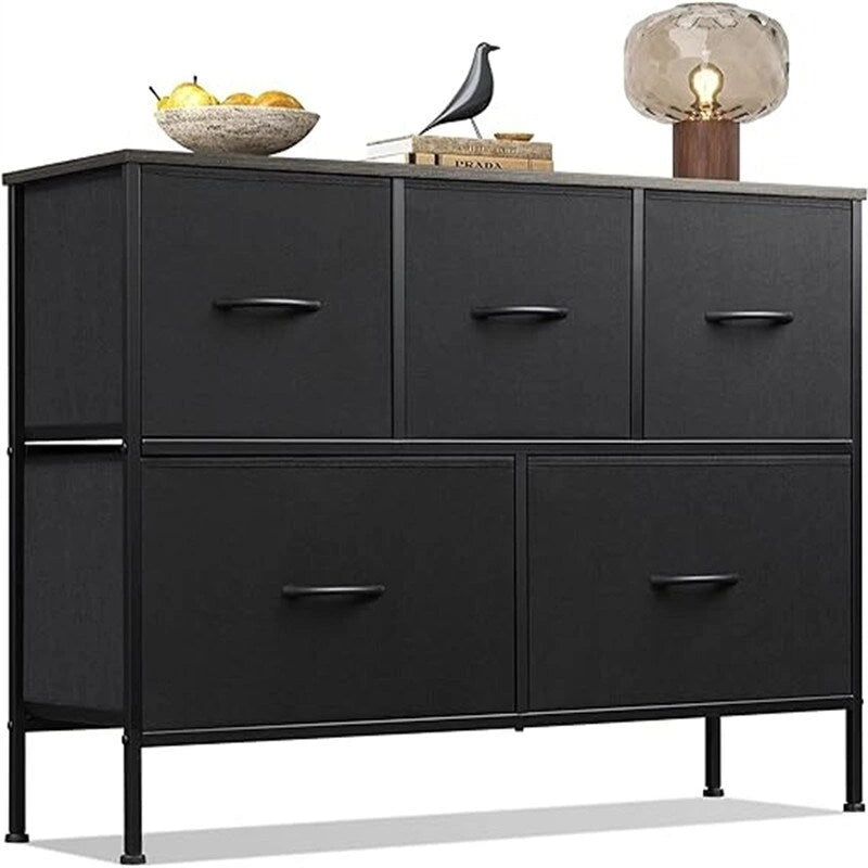 Commode à 5 tiroirs avec cadre en acier et bacs en tissu