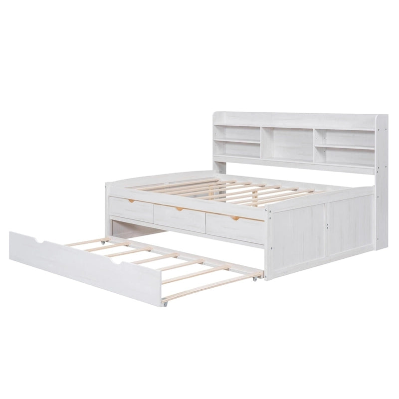 Lit de rangement double avec tête de lit bibliothèque et lit gigogne