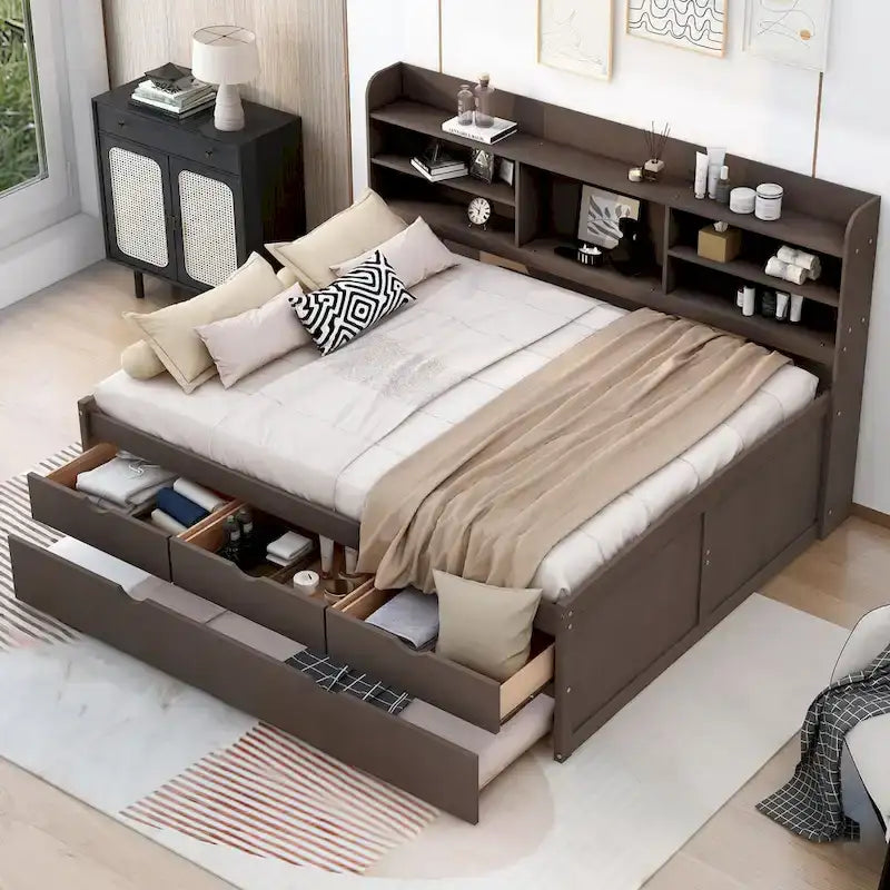 Lit de rangement double avec tête de lit bibliothèque et lit gigogne