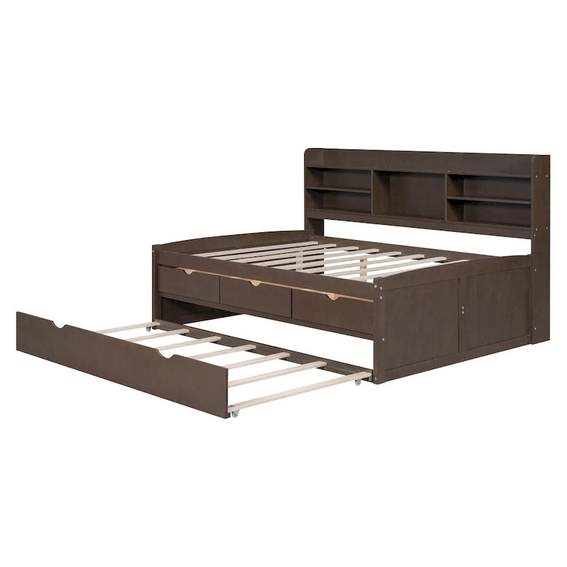 Lit de rangement double avec tête de lit bibliothèque et lit gigogne