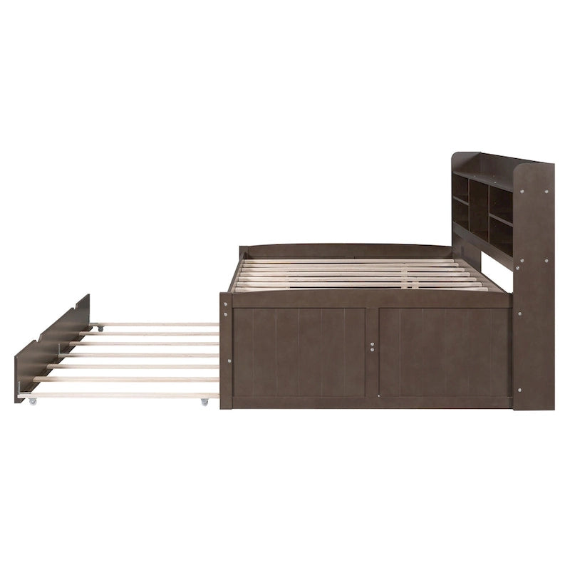 Lit de rangement double avec tête de lit bibliothèque et lit gigogne