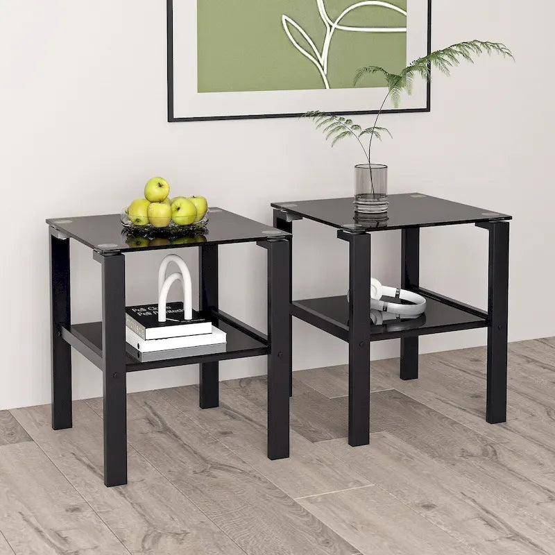 Tables d'appoint carrées en verre trempé, lot de 2 – Noir / Transparent / Blanc