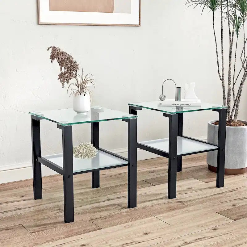 Tables d'appoint carrées en verre trempé, lot de 2 – Noir / Transparent / Blanc