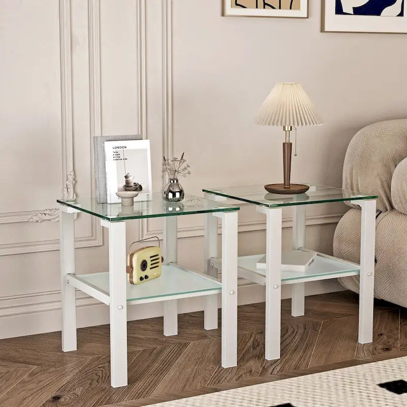 Tables d'appoint carrées en verre trempé, lot de 2 – Noir / Transparent / Blanc