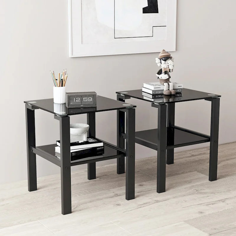 Tables d'appoint carrées en verre trempé, lot de 2 – Noir / Transparent / Blanc