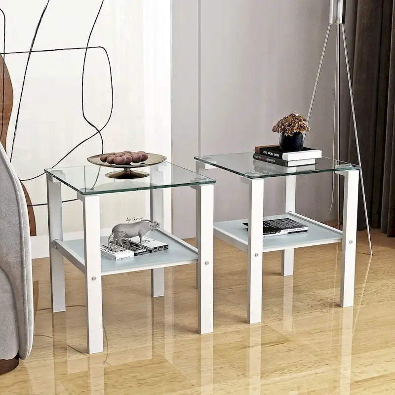 Tables d'appoint carrées en verre trempé, lot de 2 – Noir / Transparent / Blanc