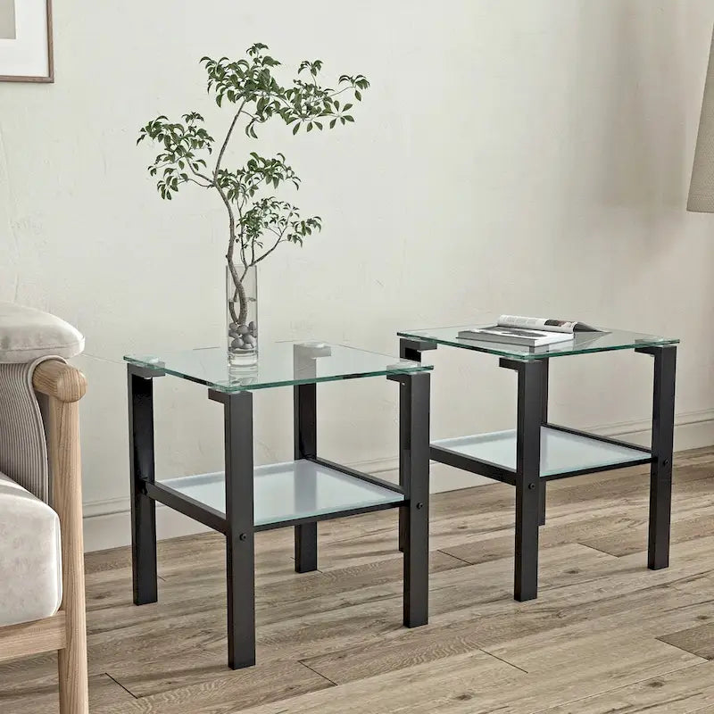 Tables d'appoint carrées en verre trempé, lot de 2 – Noir / Transparent / Blanc
