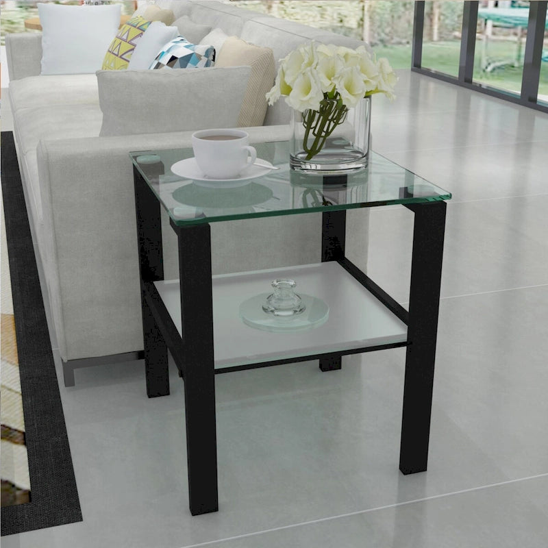 Tables d'appoint carrées en verre trempé, lot de 2 – Noir / Transparent / Blanc