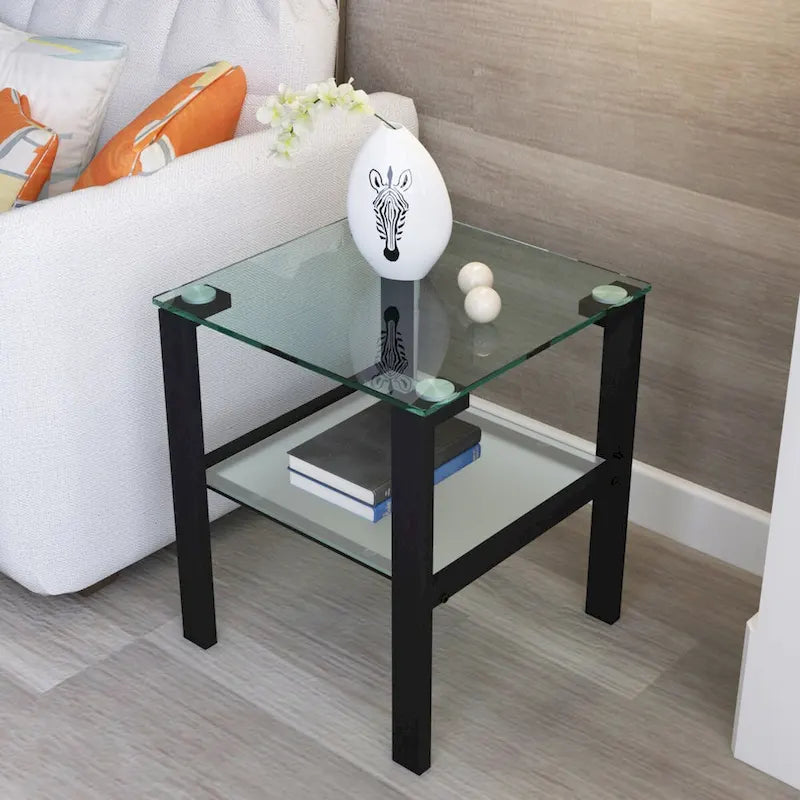 Tables d'appoint carrées en verre trempé, lot de 2 – Noir / Transparent / Blanc