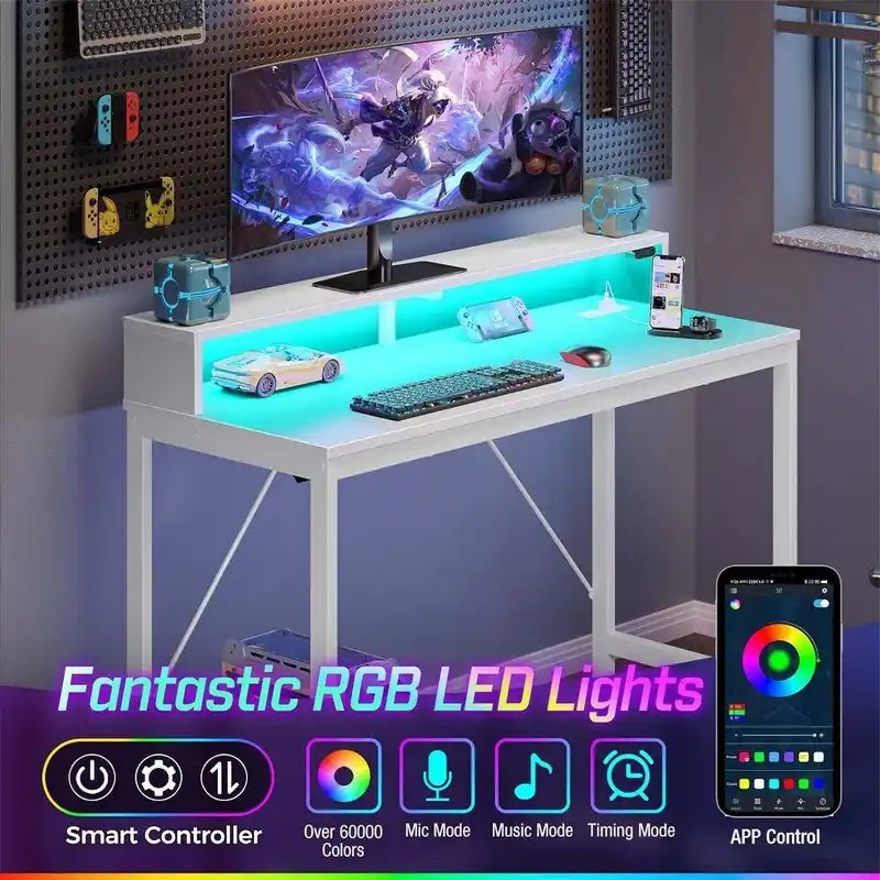 Bureau d'ordinateur de 99 cm avec éclairage LED et multiprise