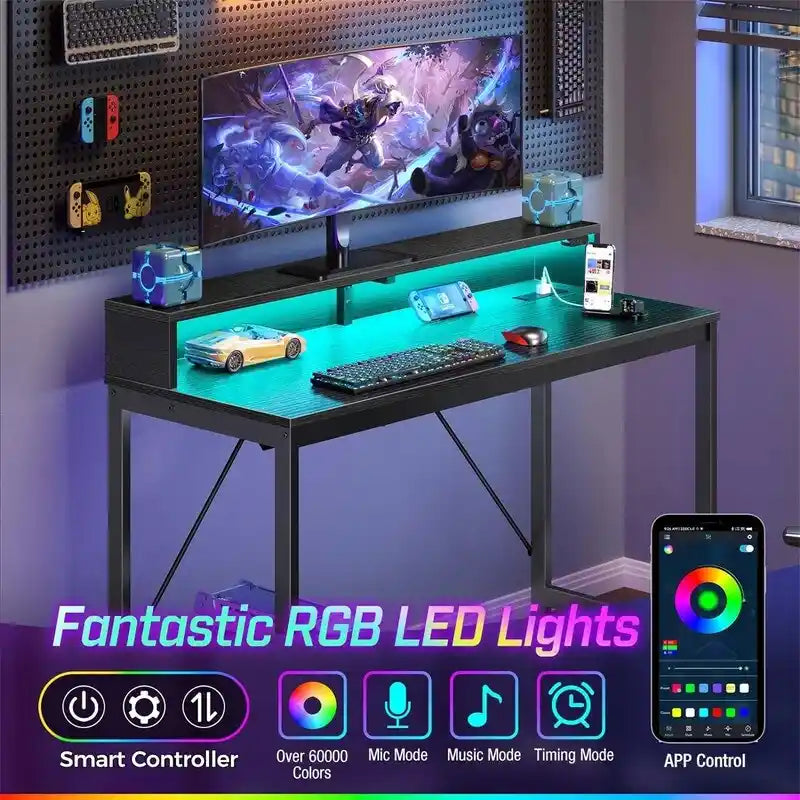 Bureau d'ordinateur de 99 cm avec éclairage LED et multiprise