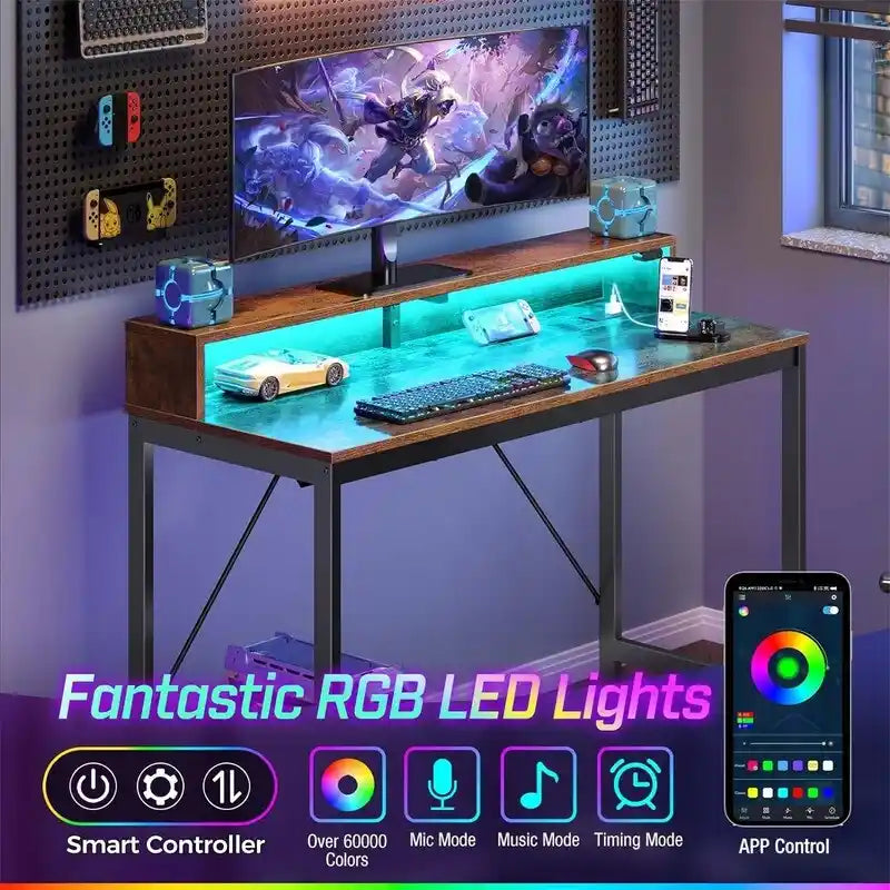 Bureau d'ordinateur de 99 cm avec éclairage LED et multiprise