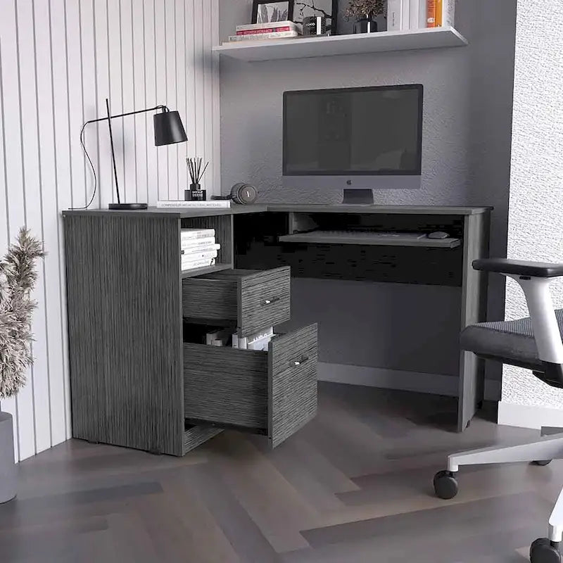 Bureau d'angle avec tablette coulissante pour clavier, finition chêne fumé