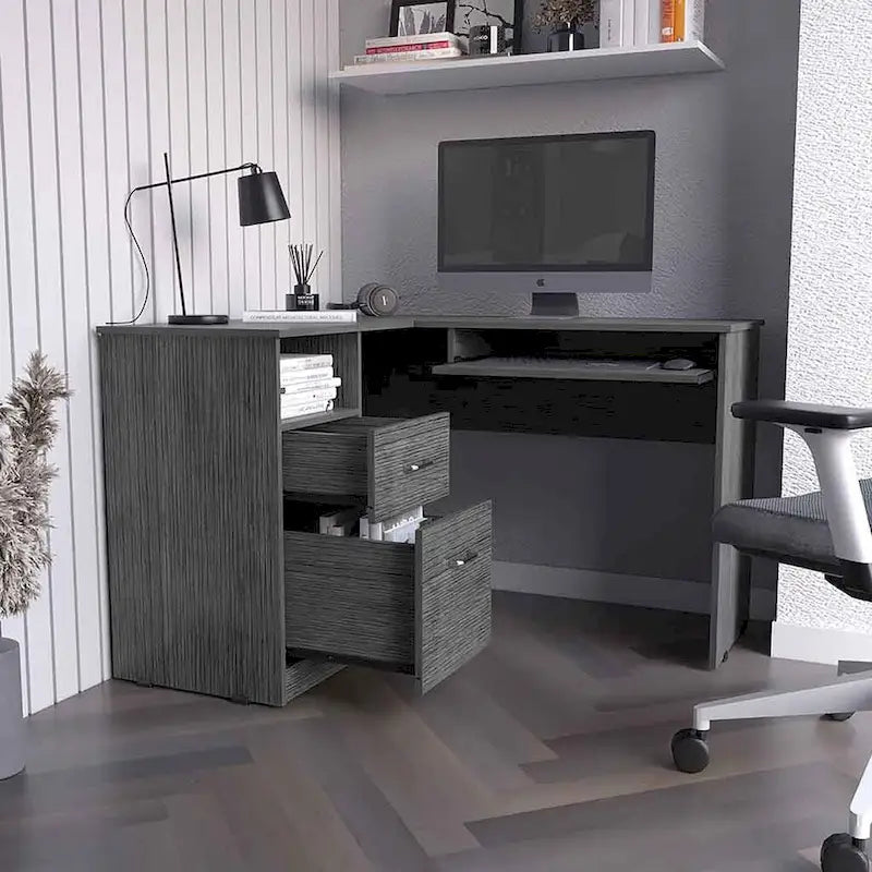 L-Shaped Desk Bradford, Keyboard Shelf, Smokey Oak Finish,High quality and durable