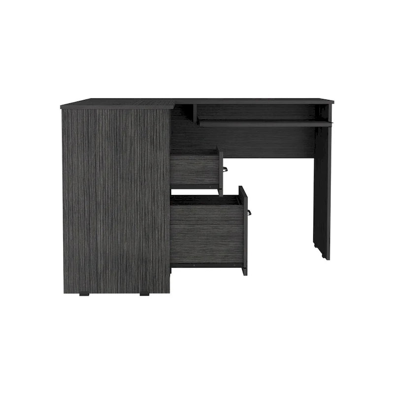 Bureau d'angle avec tablette coulissante pour clavier, finition chêne fumé
