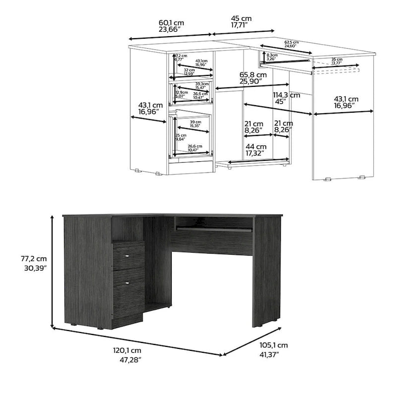 Bureau d'angle avec tablette coulissante pour clavier, finition chêne fumé